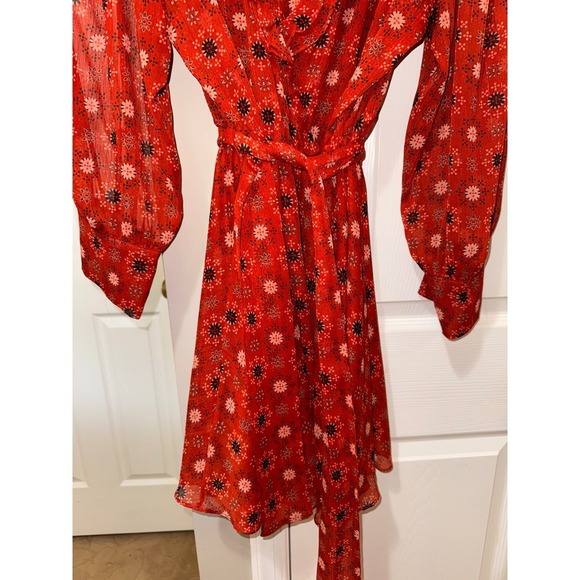 MISA Los Angeles Floral Print Mini Dress Ruffle Trim Long‎ Sleeve Red XL - Picture 9 of 14
